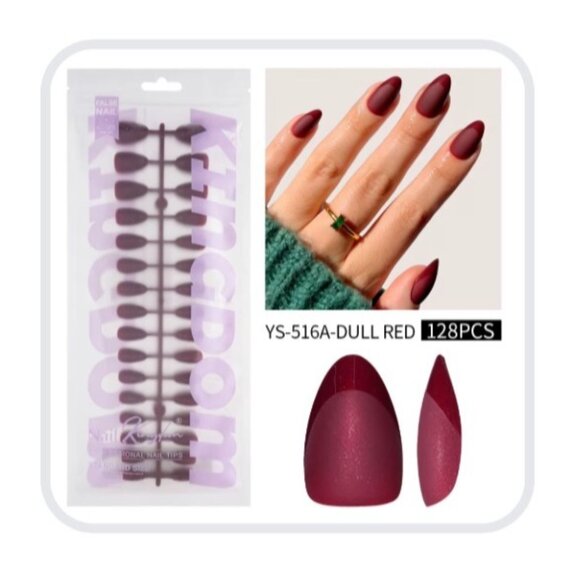 128PCS MERLOT Short Almond Matte & Gloss French Tip False Nails - 4 Complete Set - Picture 1 of 3